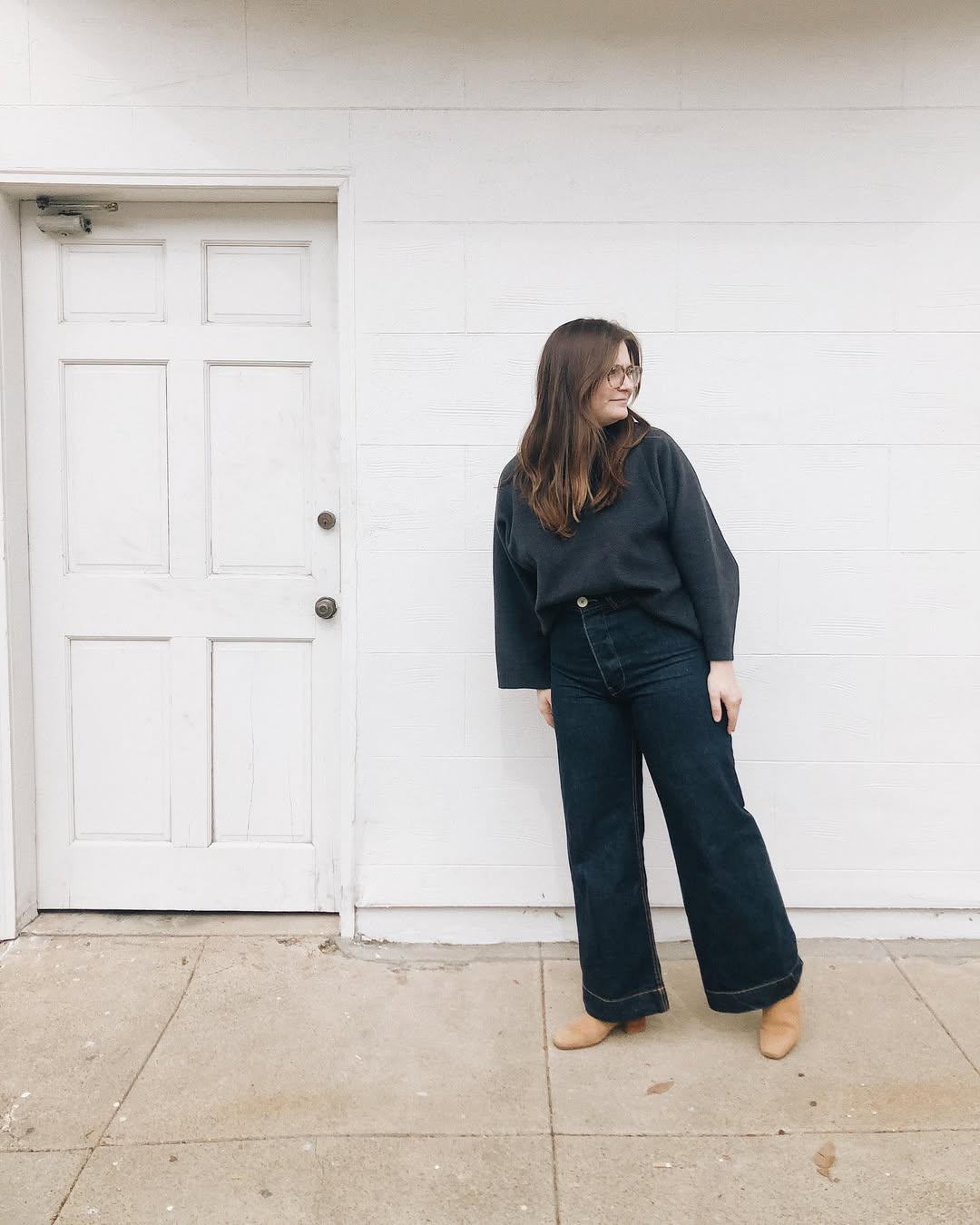 Dark Wash Wide Leg Jeans And Charcoal Sweater