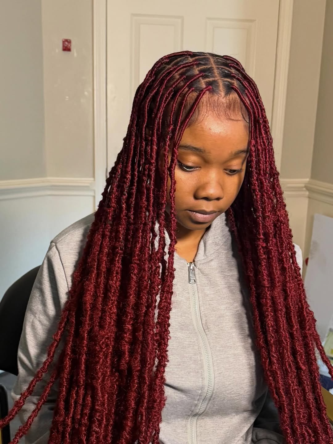 Deep Burgundy Butterfly Locs With Defined Parts