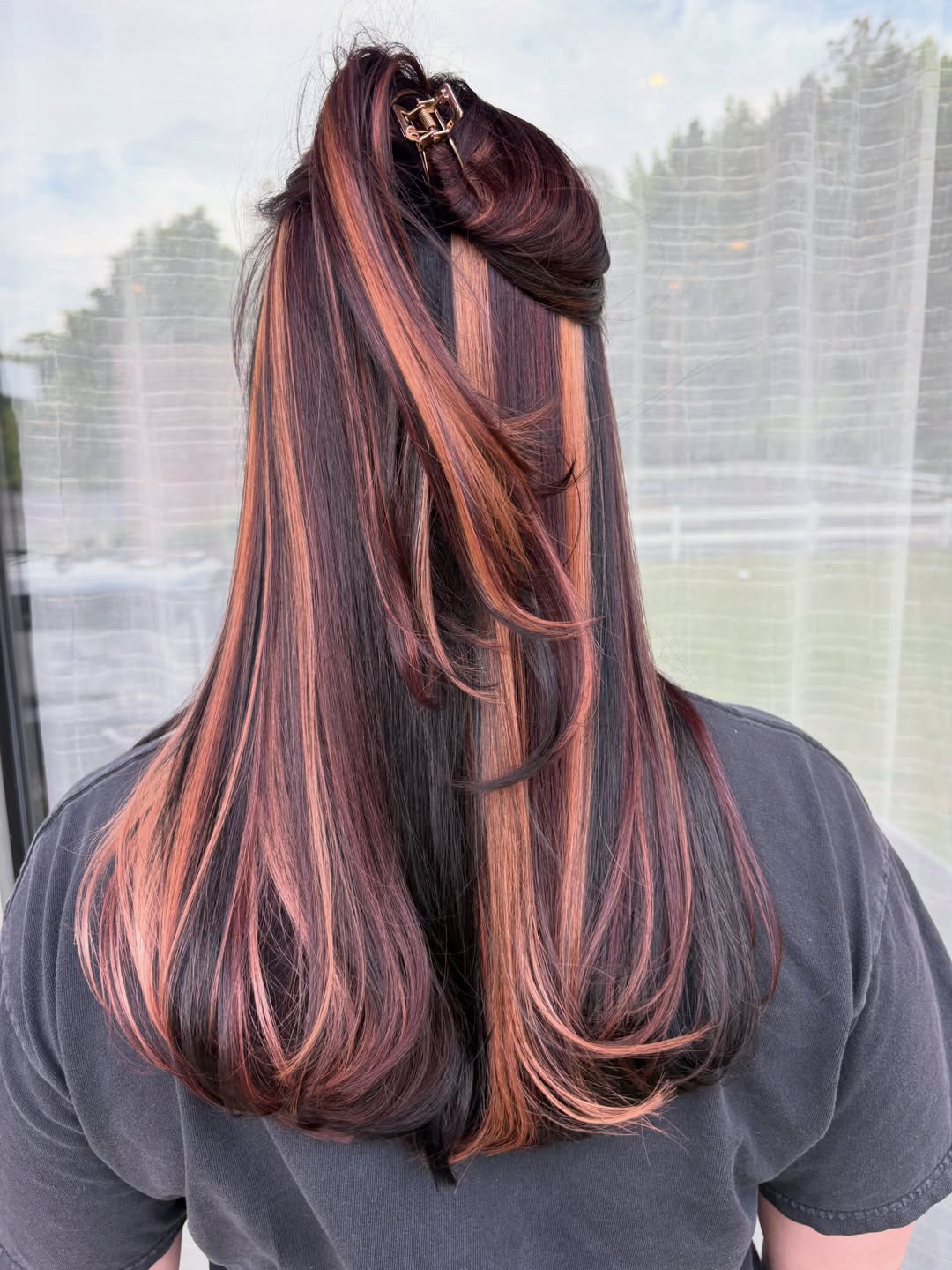 Deep Cherry Highlights On Dark Brown Hair