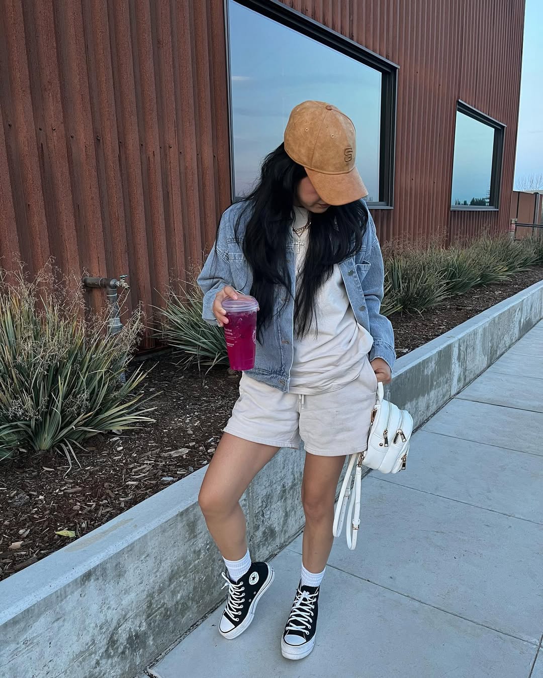 Denim Jacket And Cargo Shorts Street Style