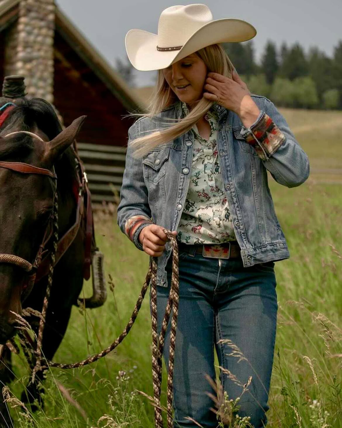 Denim Jacket And Patterned Shirt Western Outfit