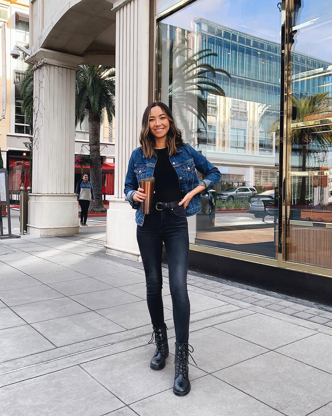 Denim Jacket With Black Skinny Jeans And Boots