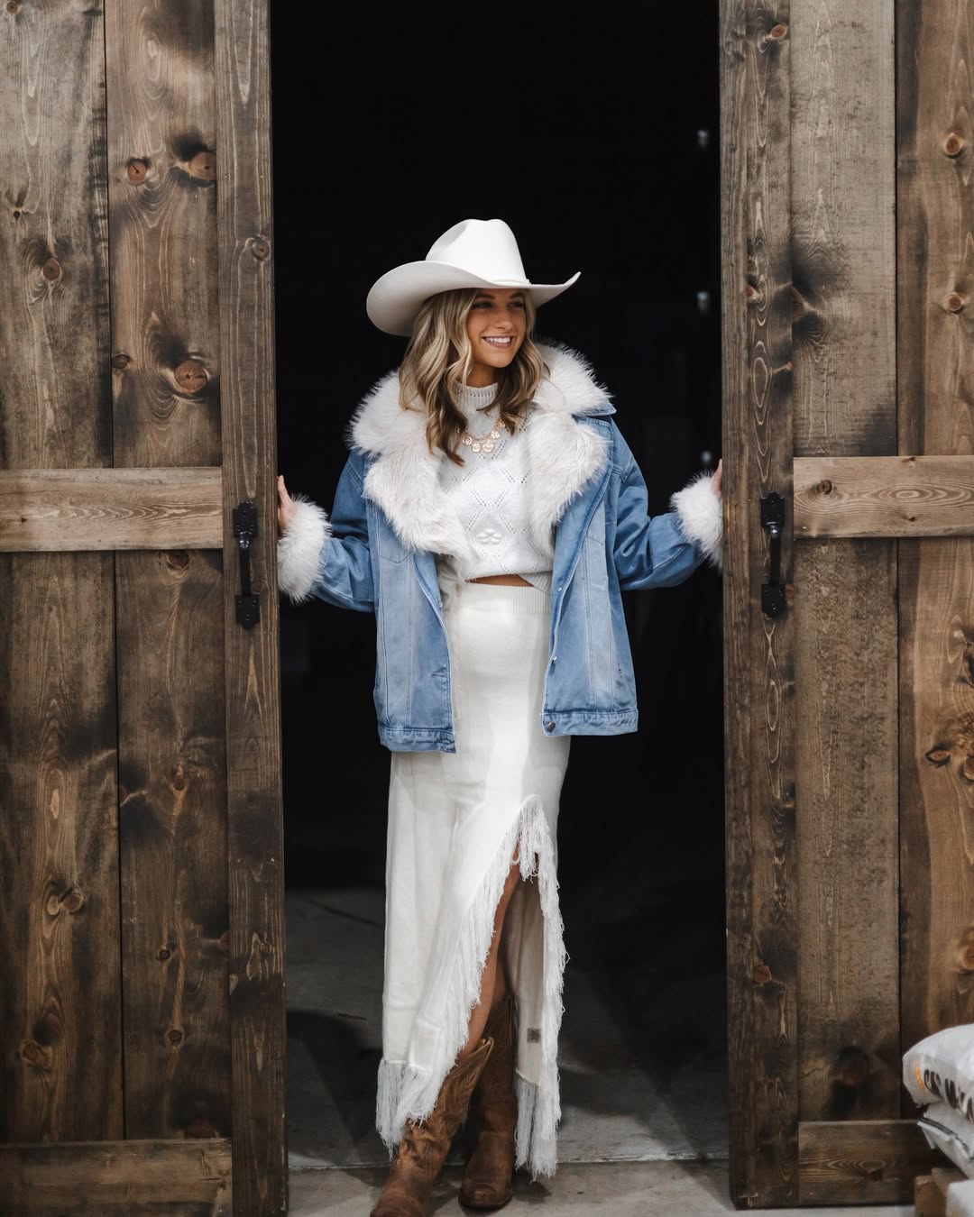 Denim Jacket With Fringed Maxi Skirt Outfit