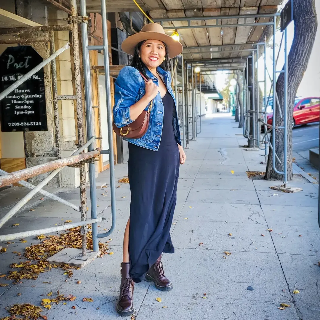 Denim Jacket With Maxi Dress And Boots
