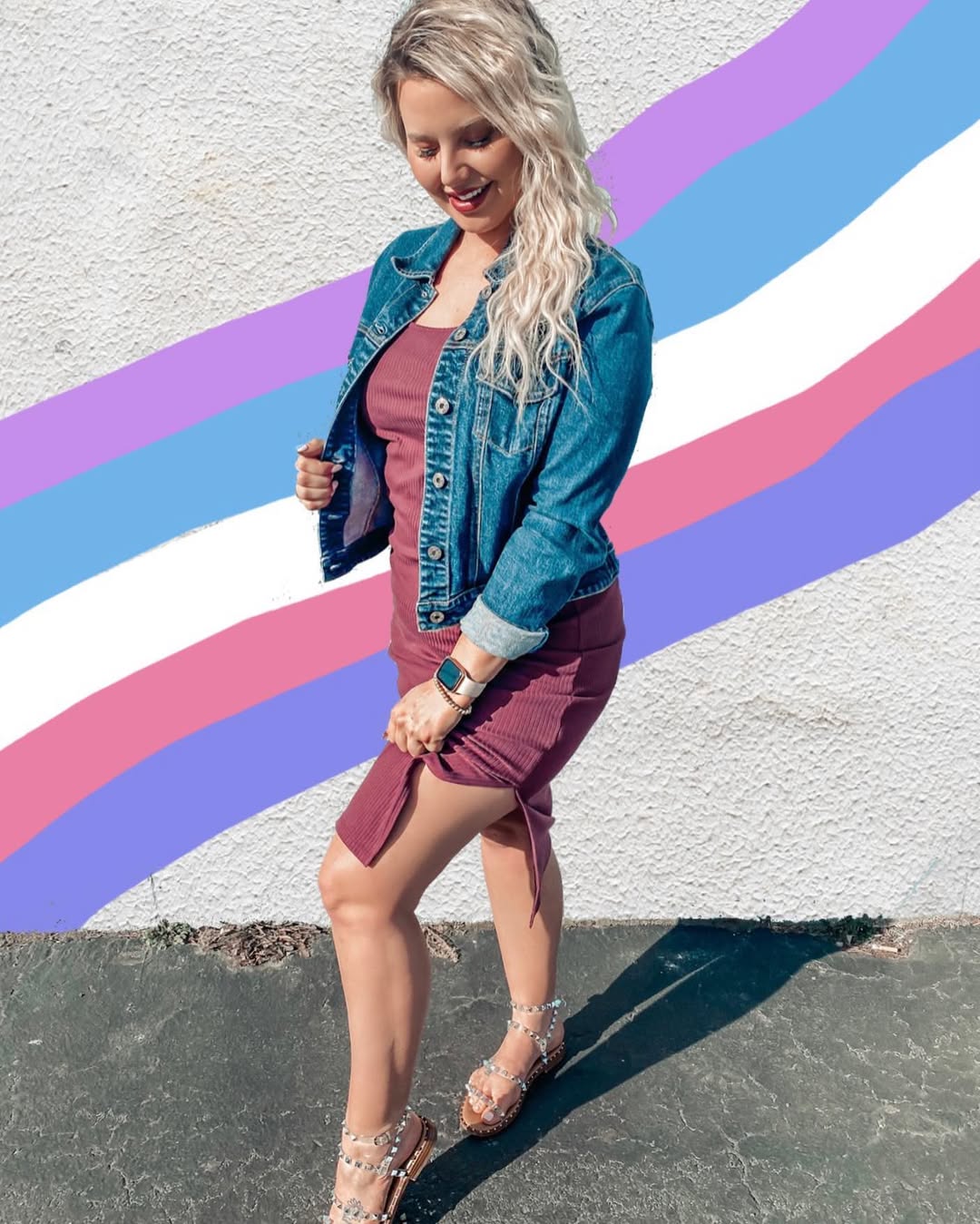 Denim Jacket With Ribbed Knit Midi Dress