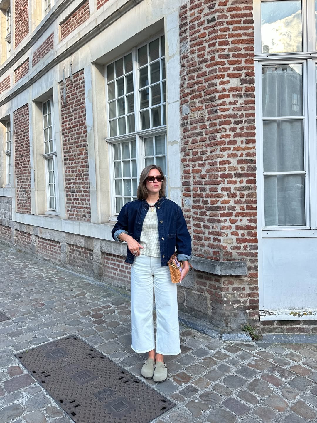 Denim Jacket With Wide-Leg White Jeans