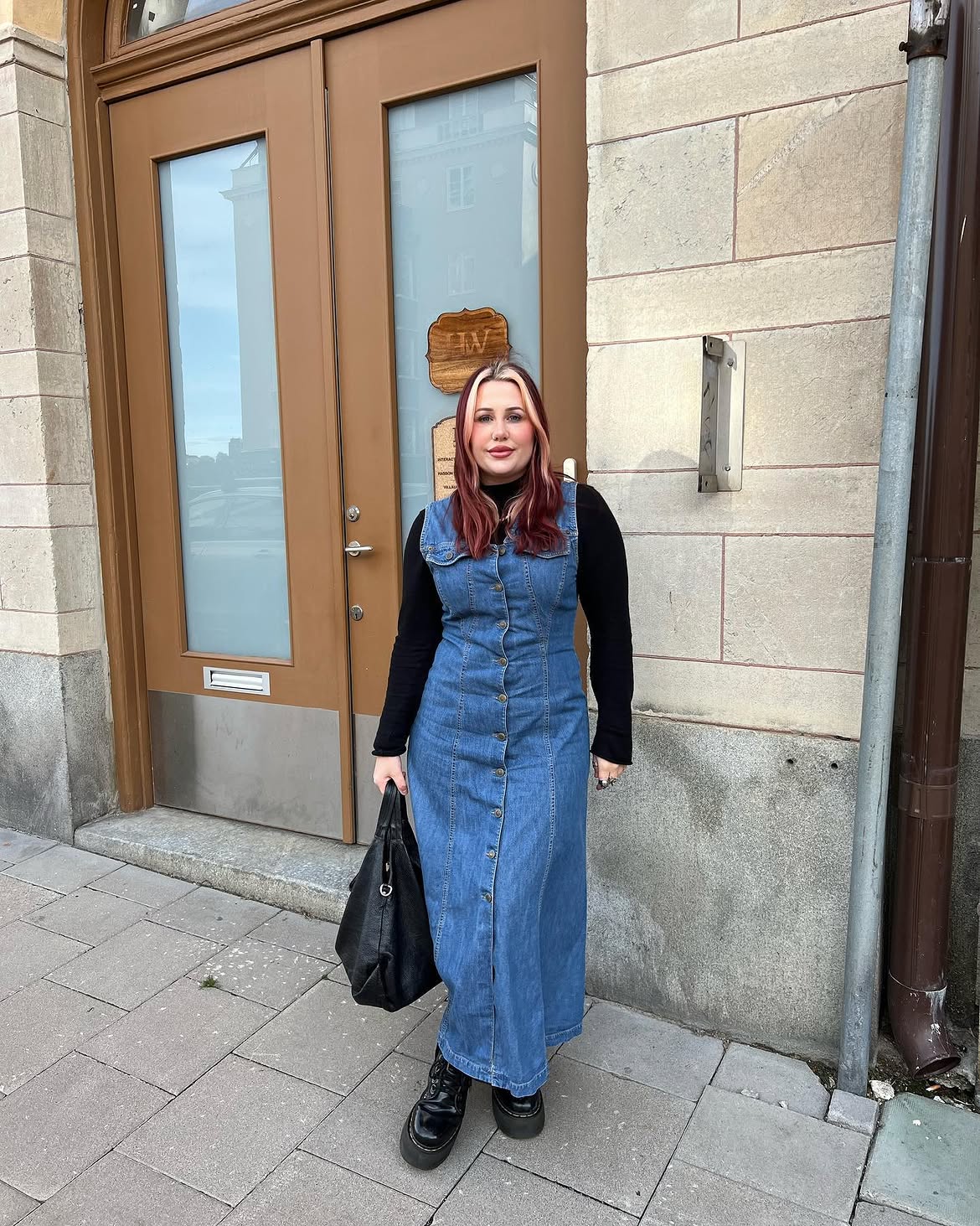 Denim Maxi Dress Layered Over Black Turtleneck