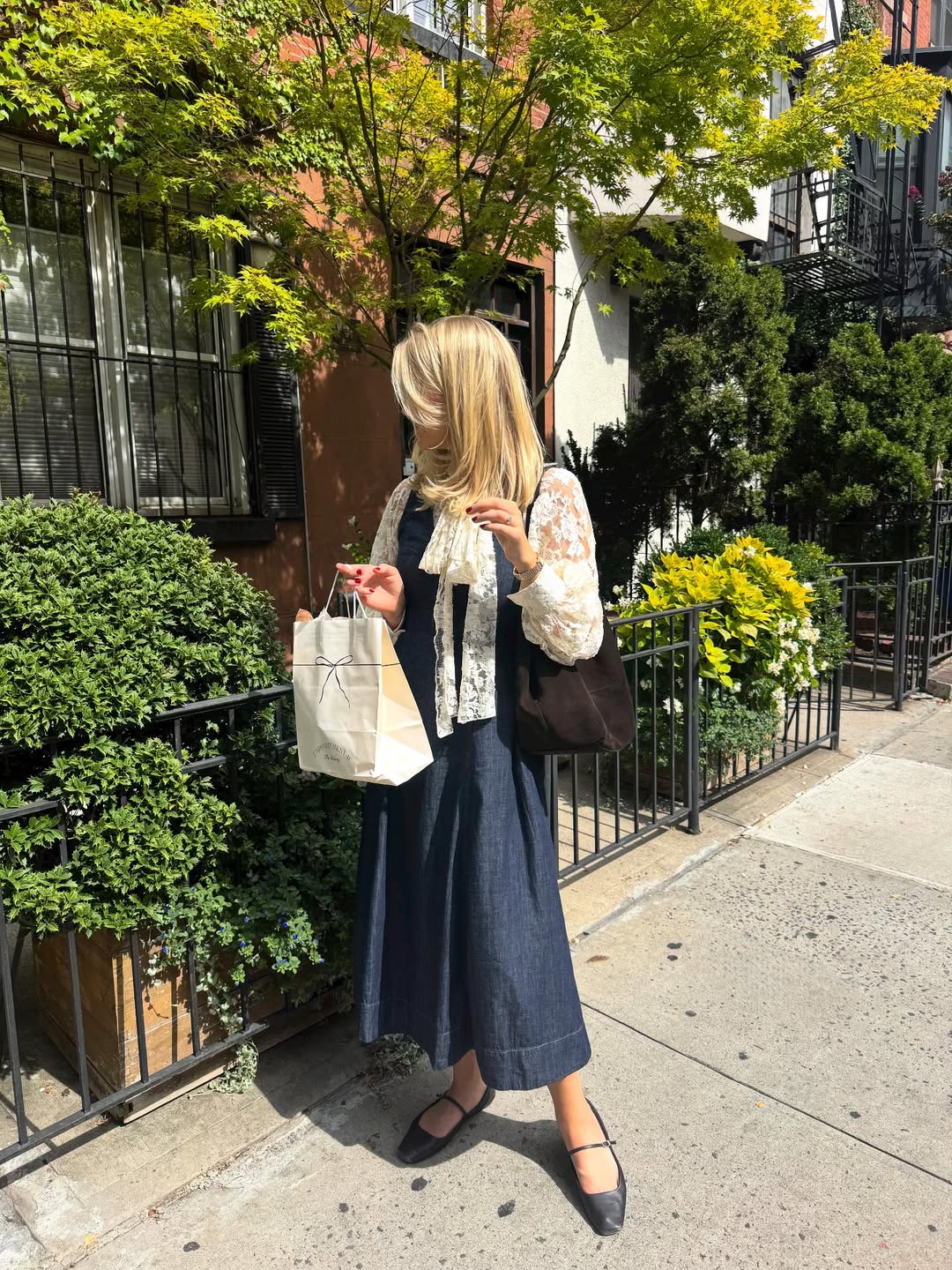 Denim Maxi Dress With Lace Blouse Layered Look
