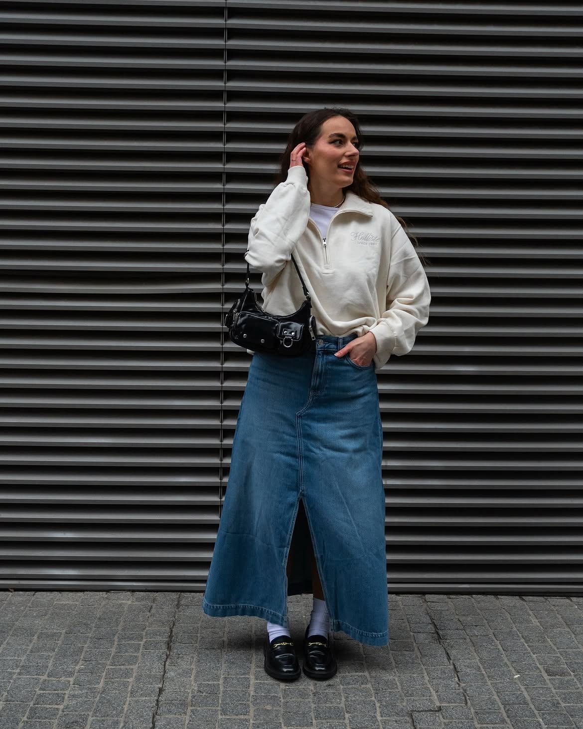 Denim Maxi Skirt And Quarter Zip Sweater Combo