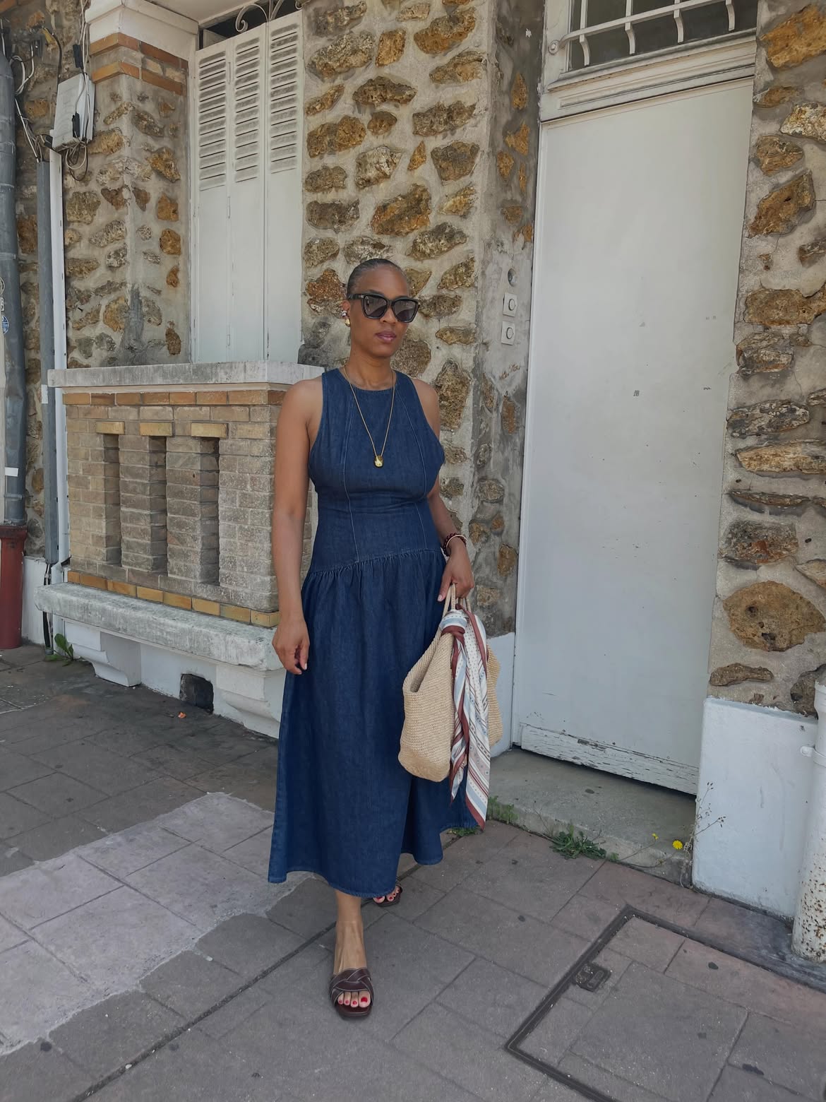Denim Midi Dress With Straw Tote And Sandals