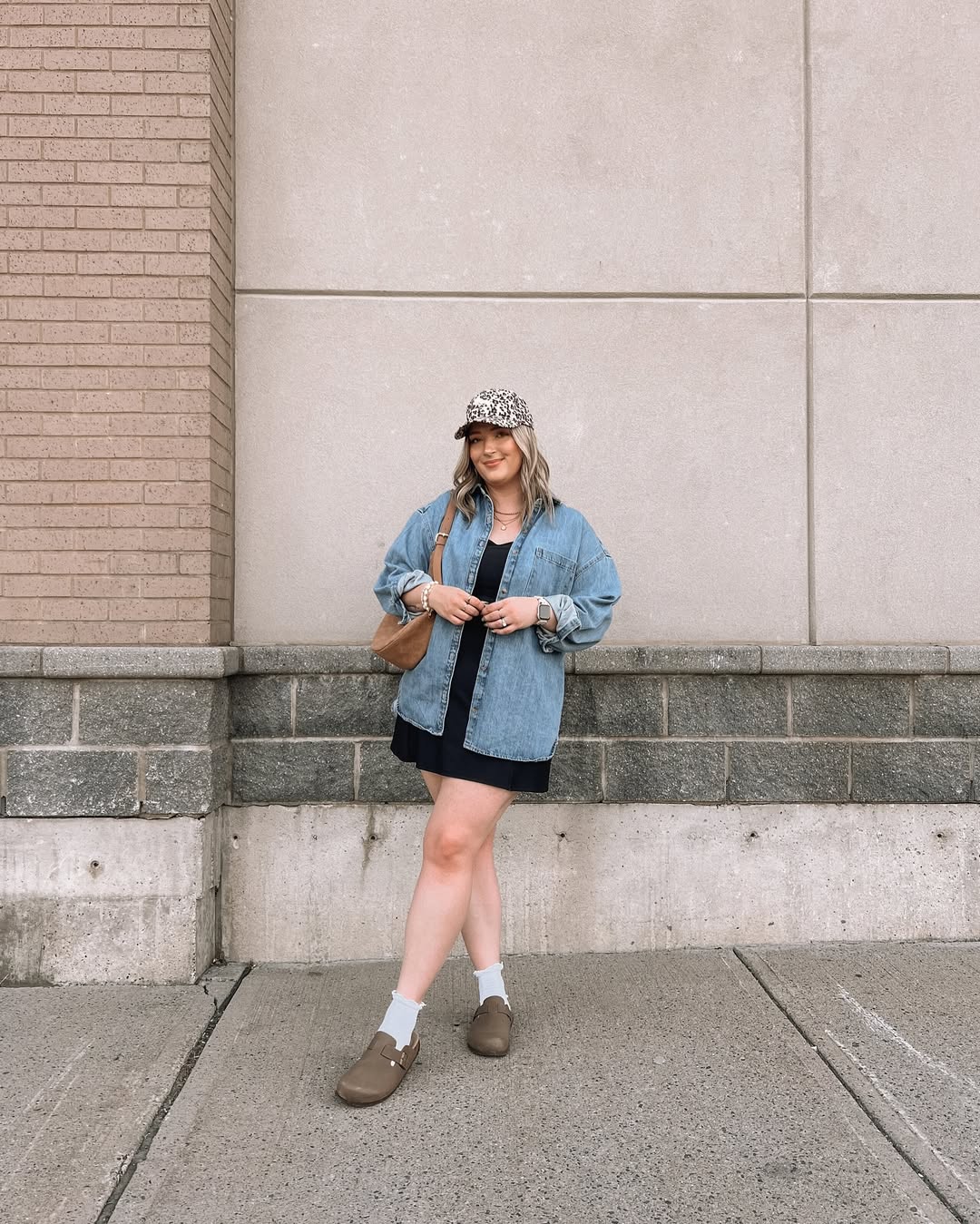 Denim Over Mini Dress & Clogs Street Style