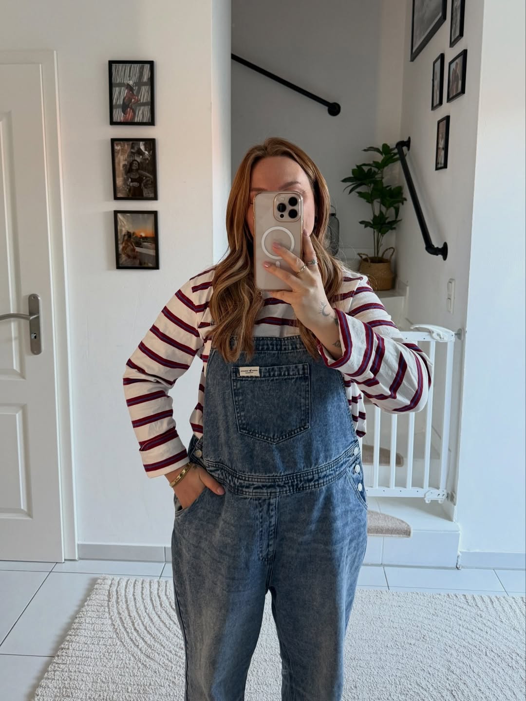 Denim Overalls With Striped Long Sleeve Top