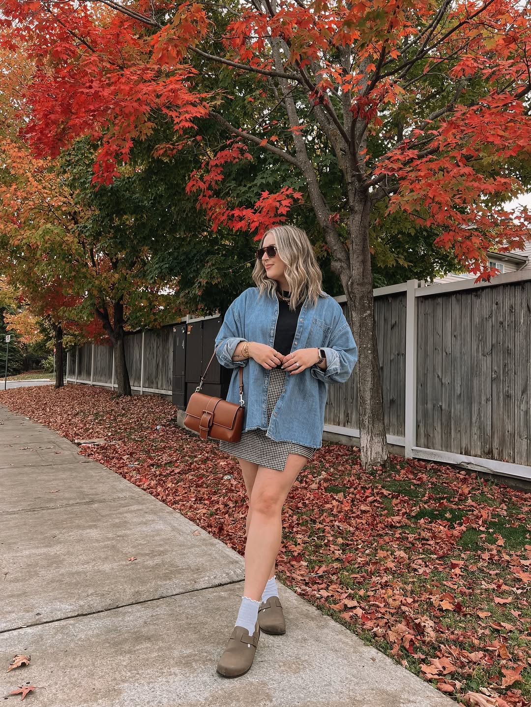 Denim Overshirt And Gingham Mini Skirt Fall Outfit