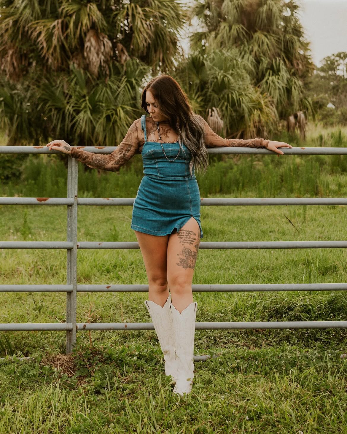 Denim Pinafore Dress With Cowboy Boots