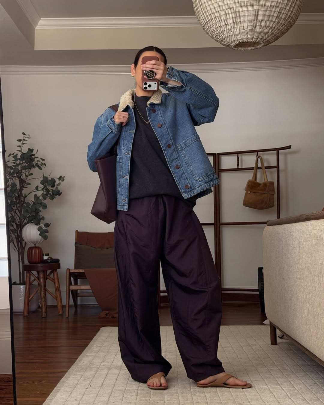 Denim Sherpa Jacket With Wide Leg Pants
