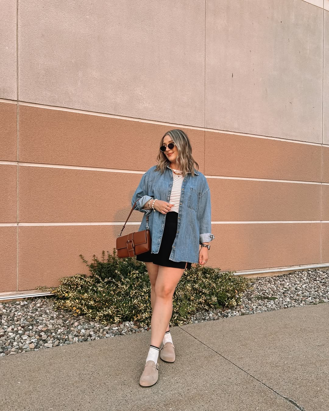 Denim Shirt Jacket Over Striped Knit and Black Skirt