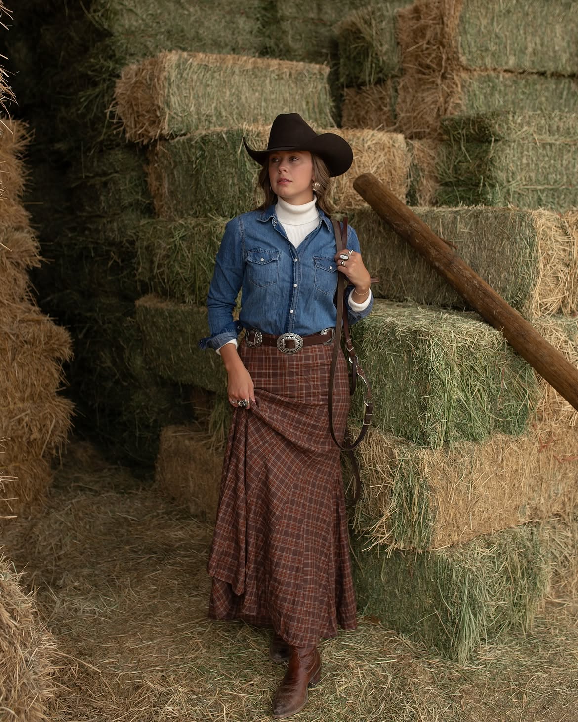 Denim Shirt Over Turtleneck With Plaid Maxi Skirt