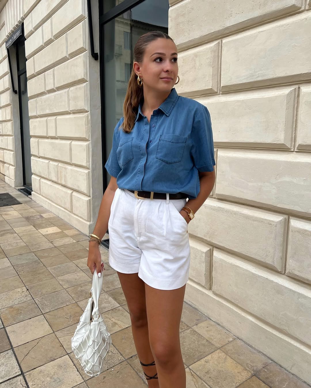 Denim Shirt With White Linen Shorts Casual Look