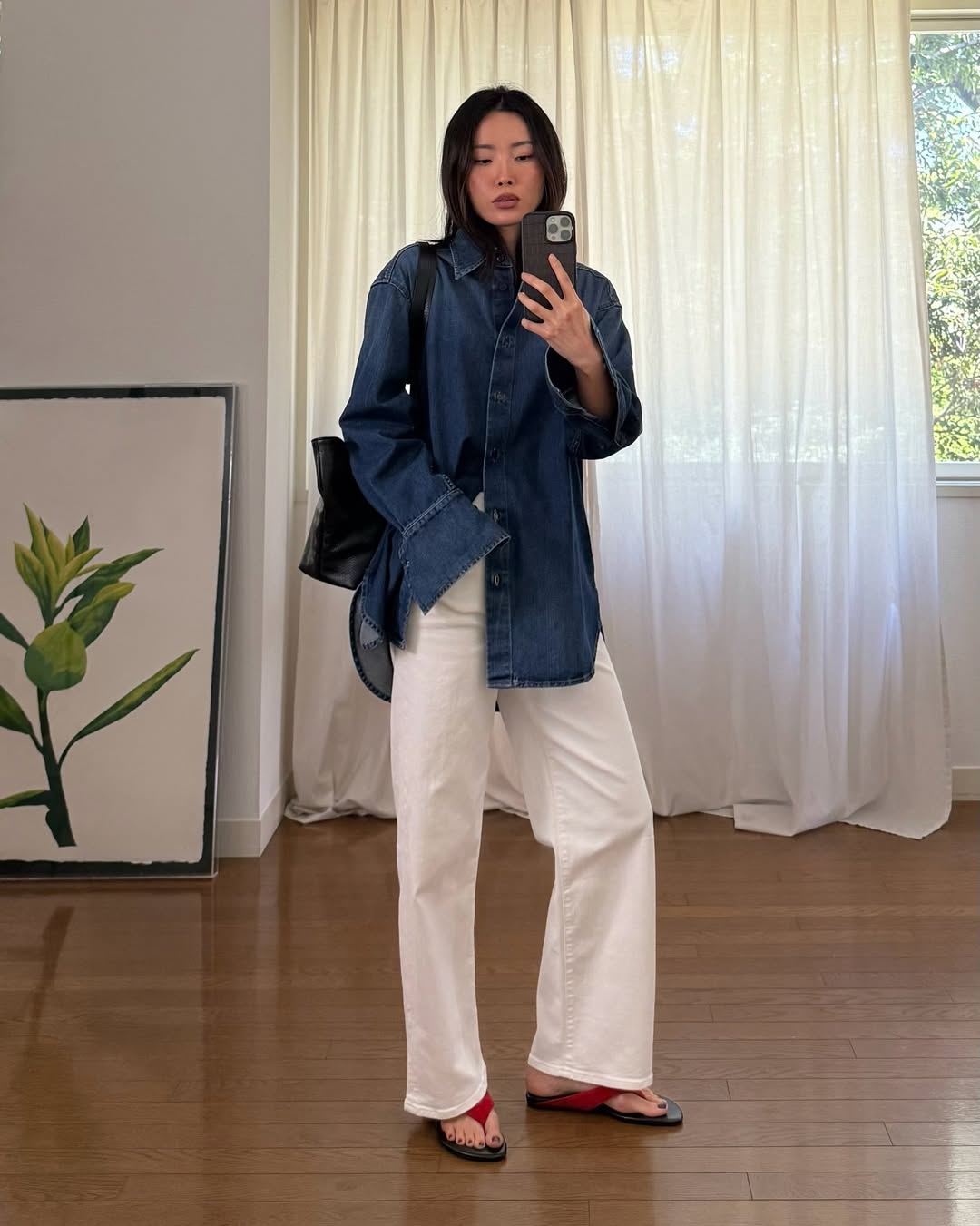 Denim Shirt With White Wide Leg Jeans Outfit