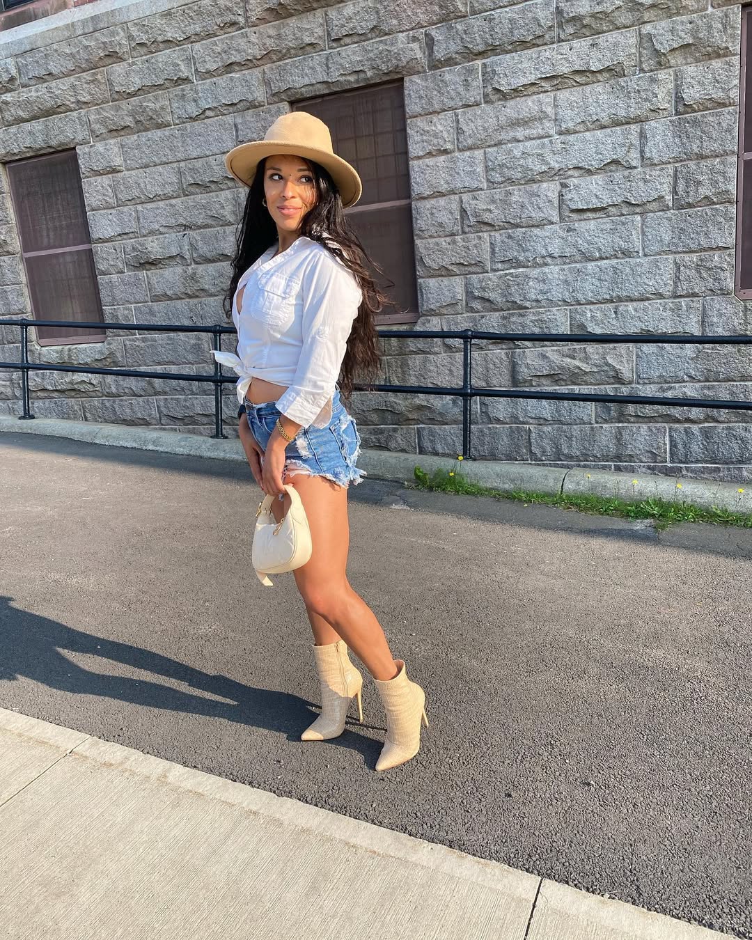 Denim Shorts With White Button-Down And Snake Print Boots
