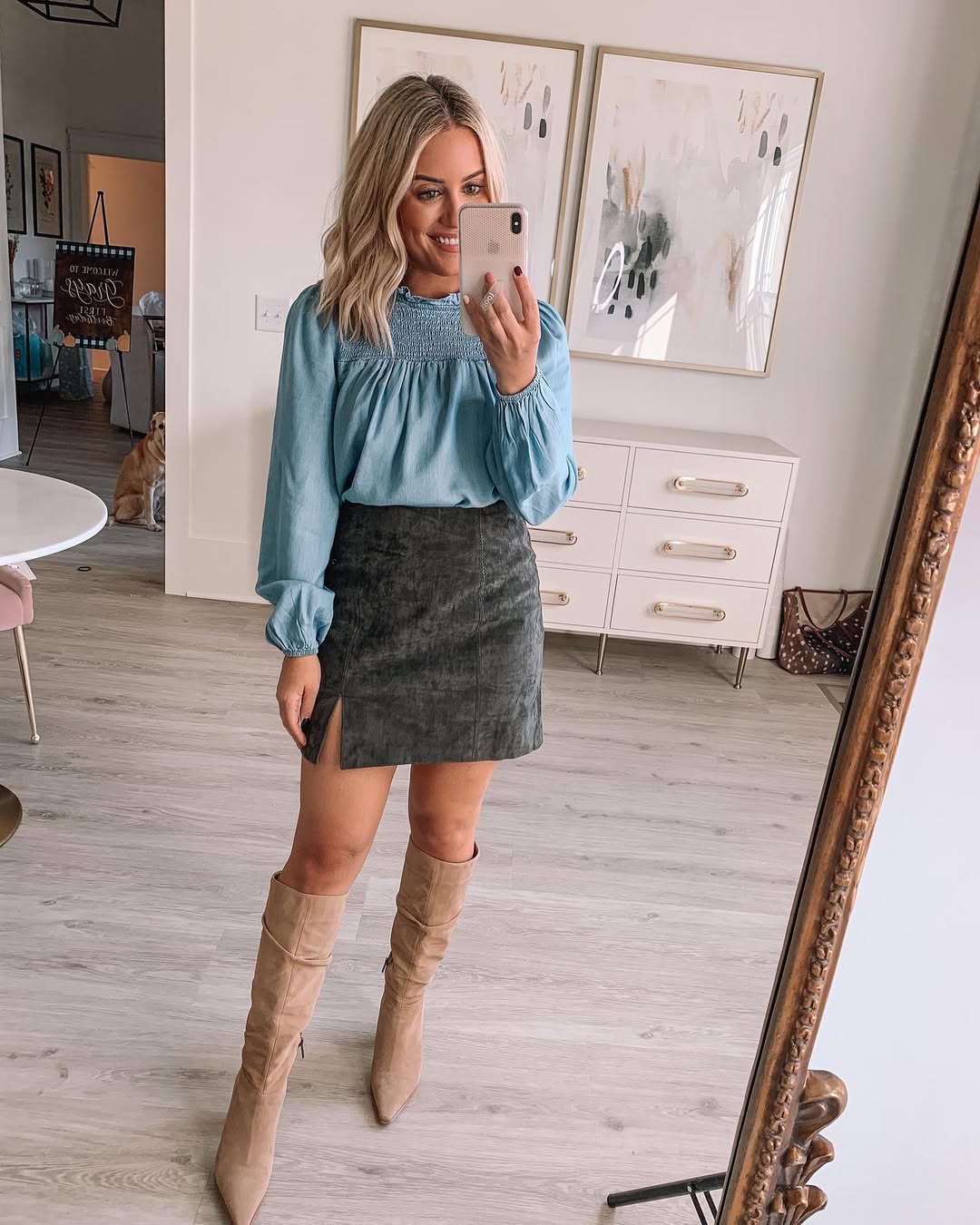 Denim Smocked Top With Suede Mini Skirt and Boots