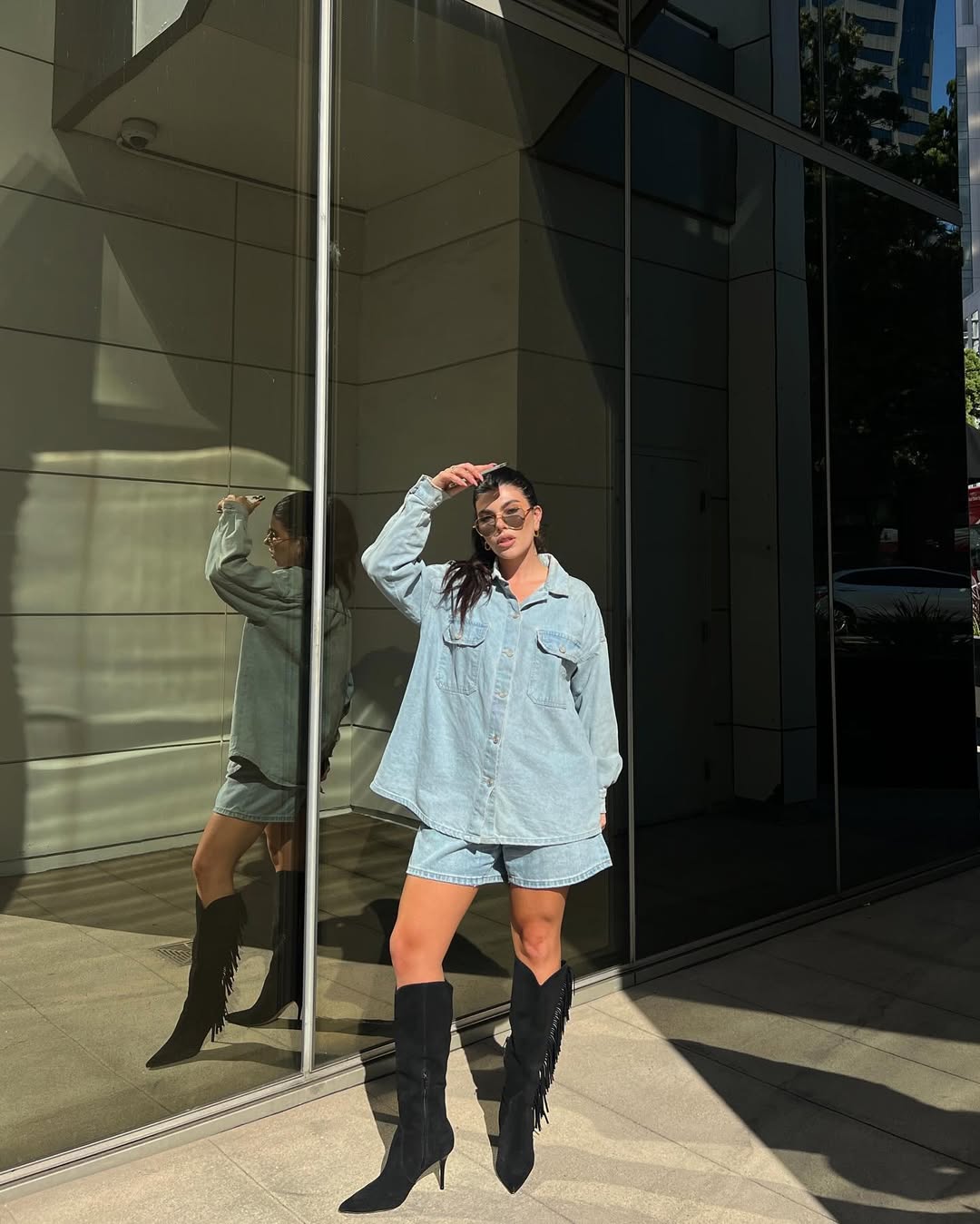 Denim Twinset With Fringe Boots Street Style