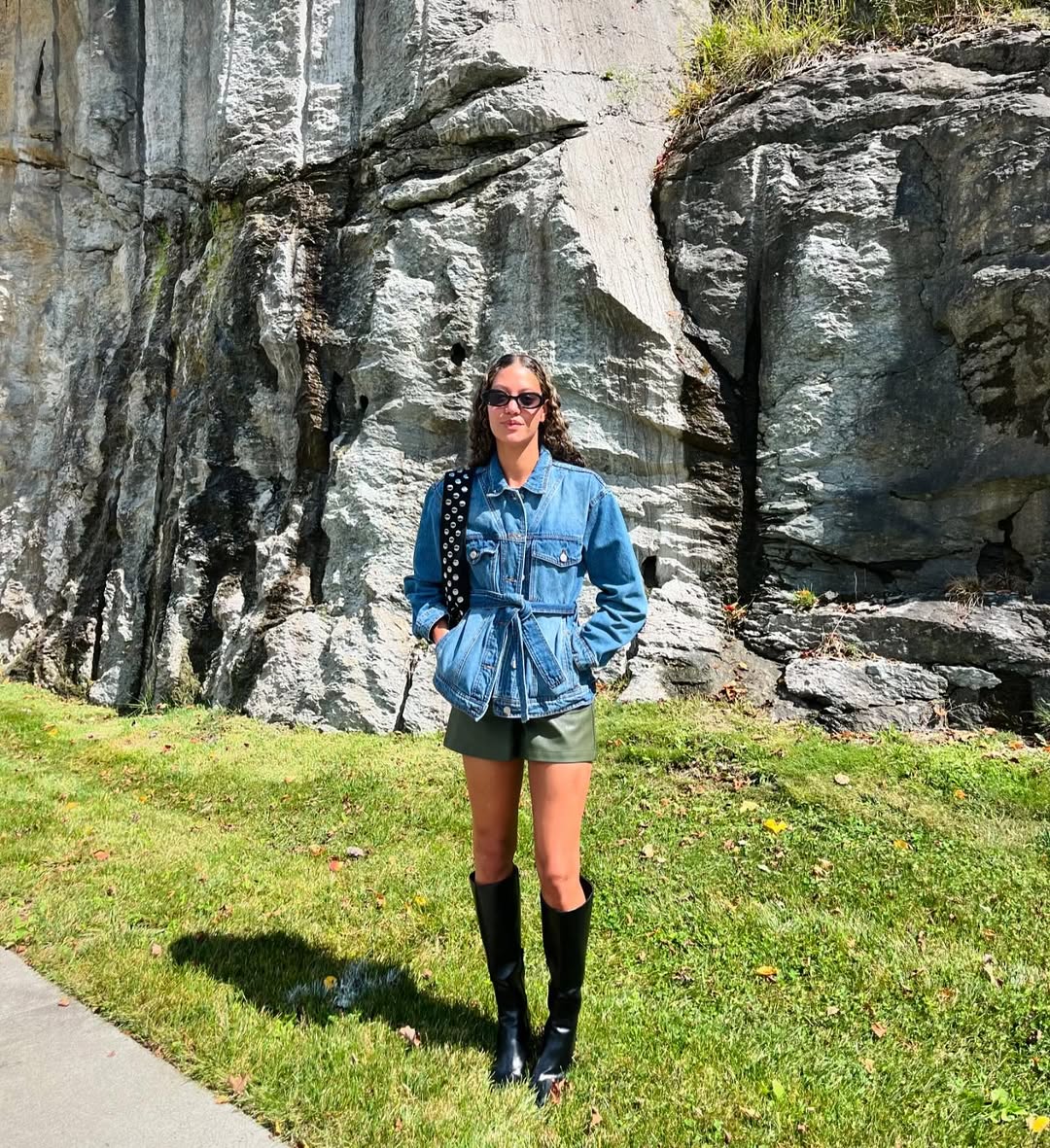 Denim Utility Jacket With Leather Shorts And Black Boots