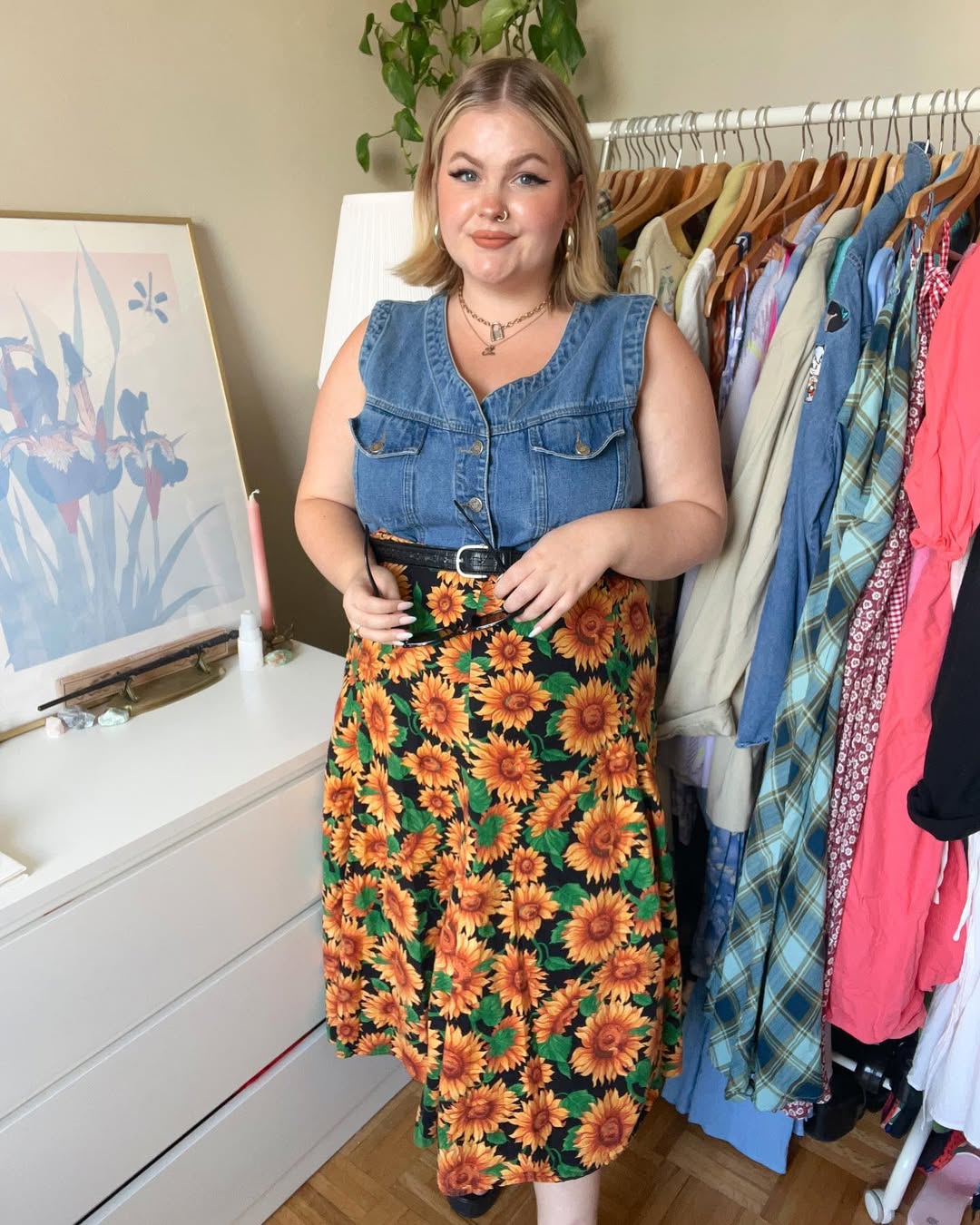 Denim Vest And Sunflower Midi Skirt Combo