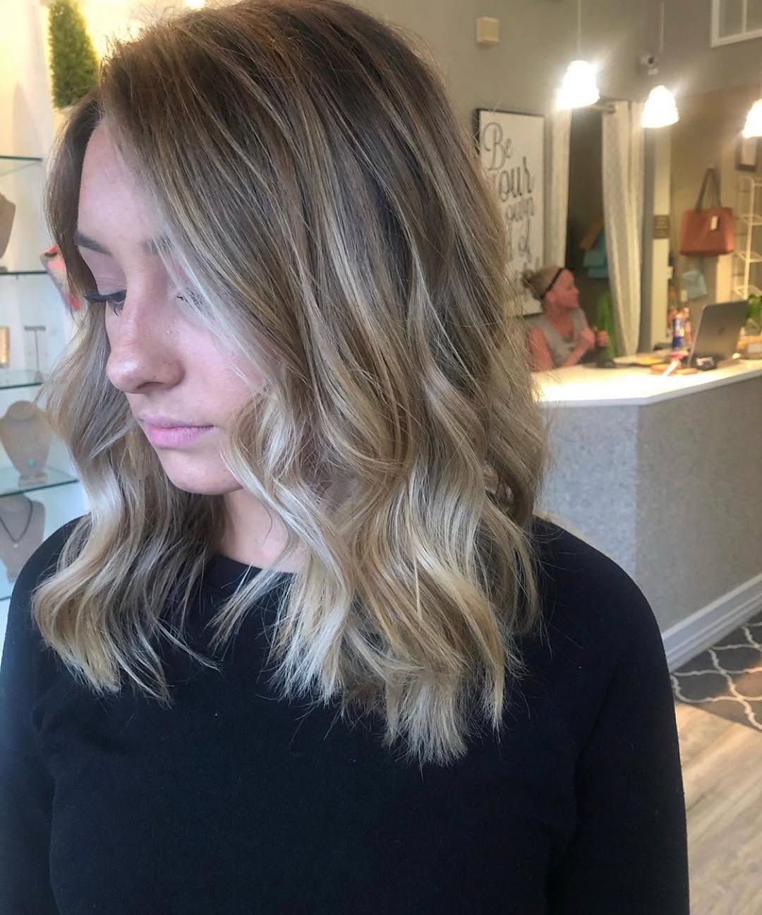 Dimensional Blonde Balayage Lob With Beach Waves