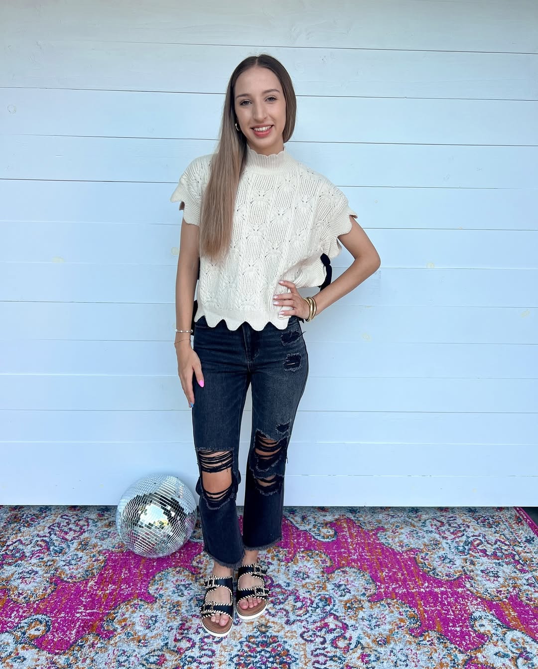 Distressed Denim With Crochet Knit Tank