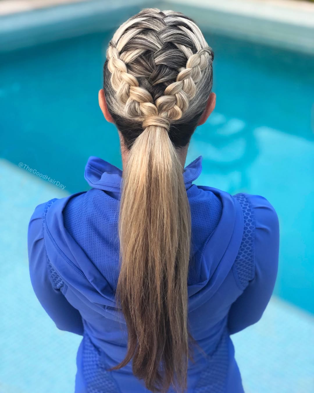 Double French Braids Crown To Ponytail