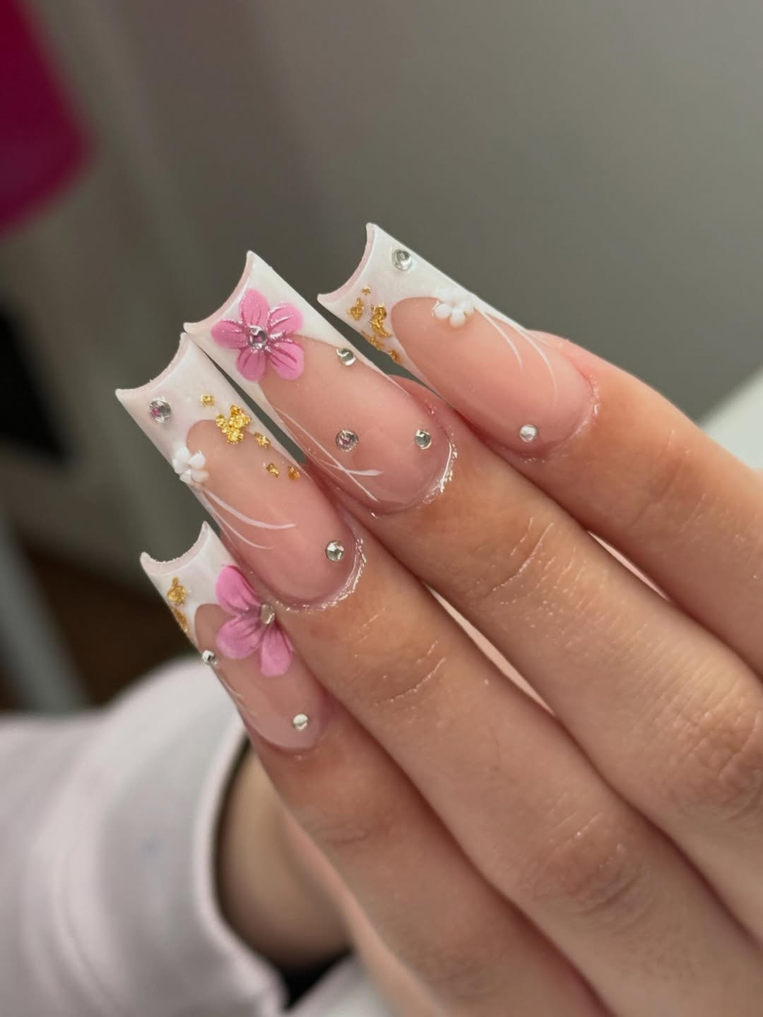 Dreamy French Tip 3D Floral Long Coffin Nails