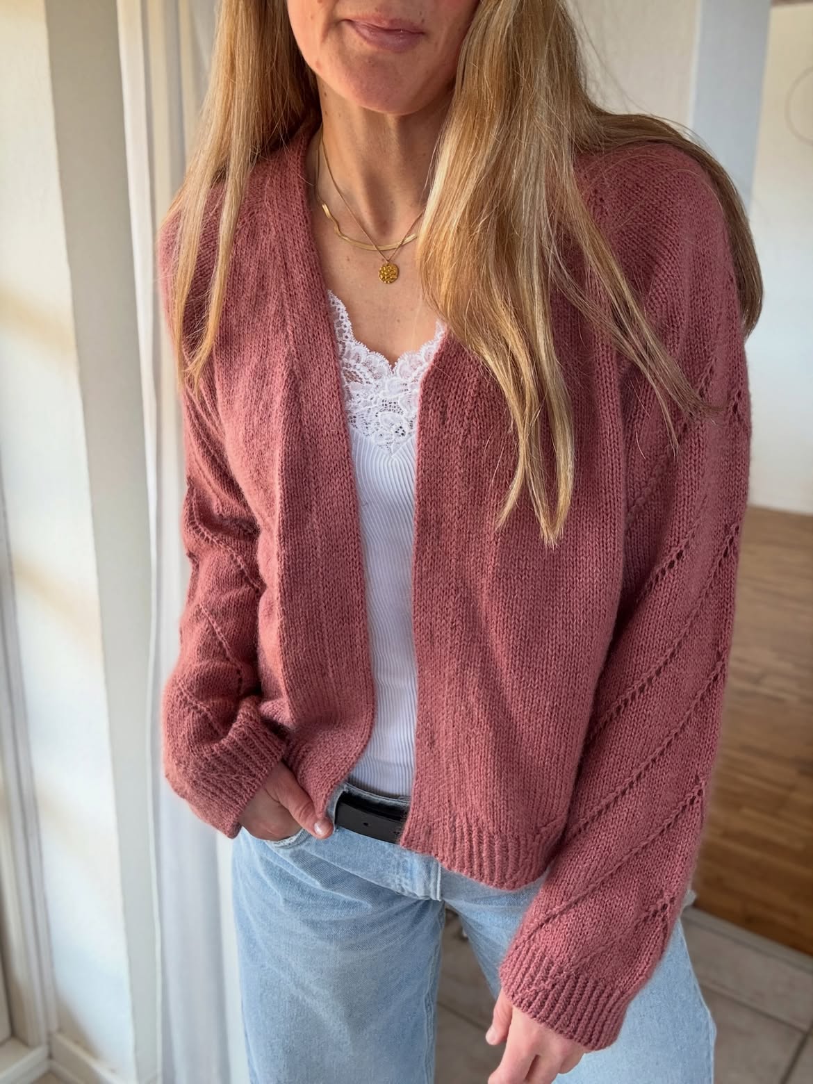 Dusty Rose Knit Open Cardigan With Lace Trim Tank