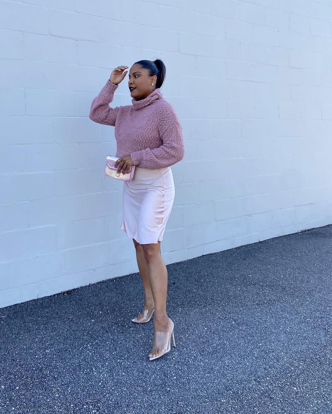 Dusy Pink Turtleneck And Satin Skirt Date Night