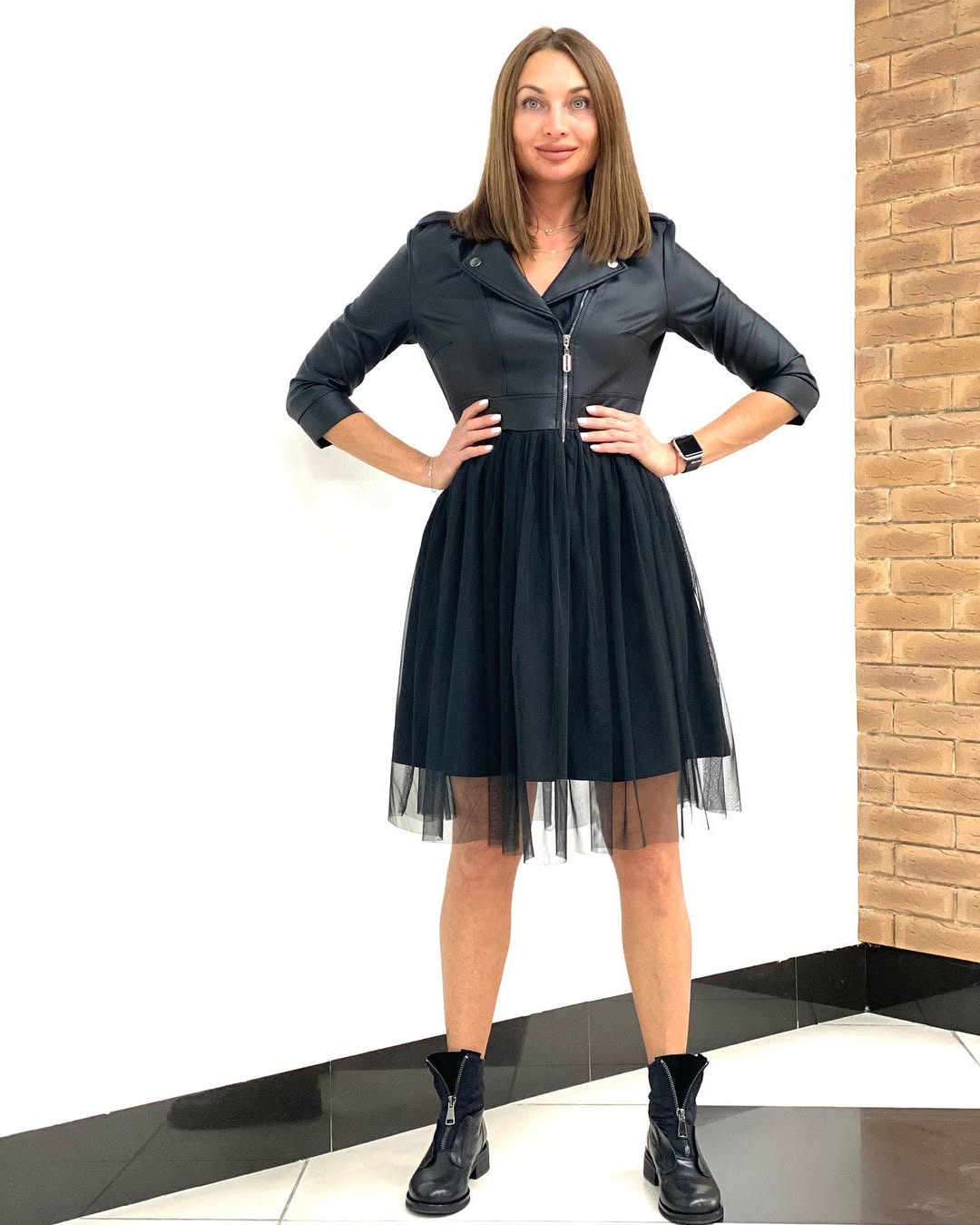Edgy Moto Jacket Over Black Tulle Dress