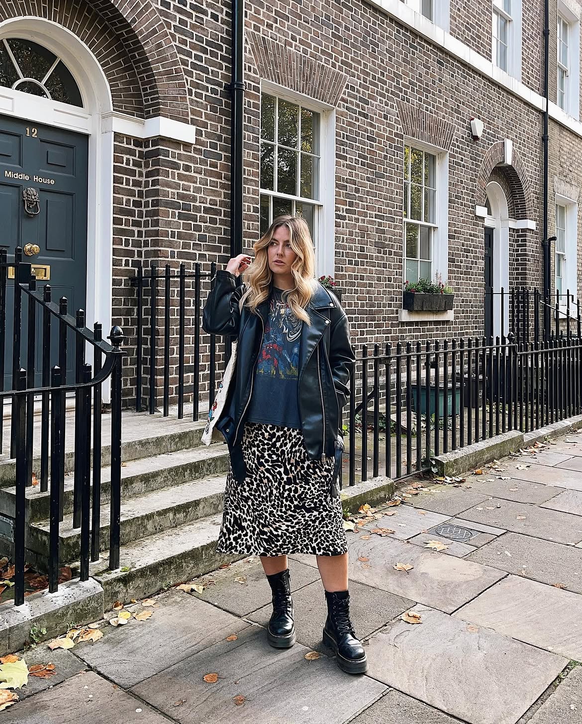 Edgy Moto Jacket With Leopard Midi Skirt
