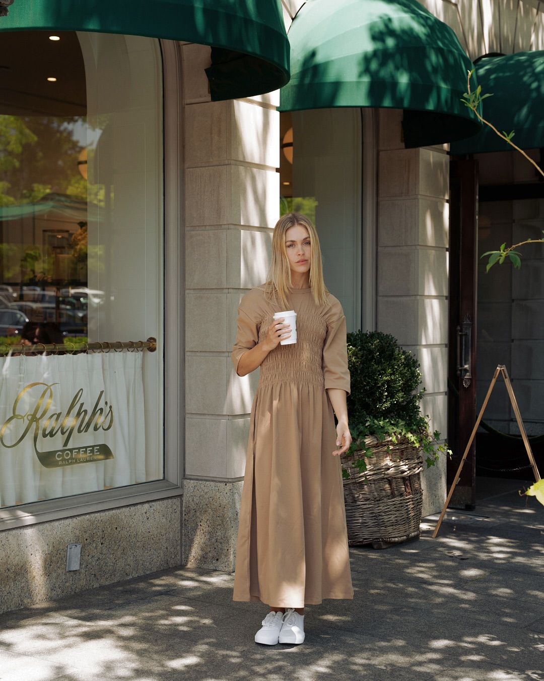 Effortless Chic Smocked Midi Dress With Sneakers
