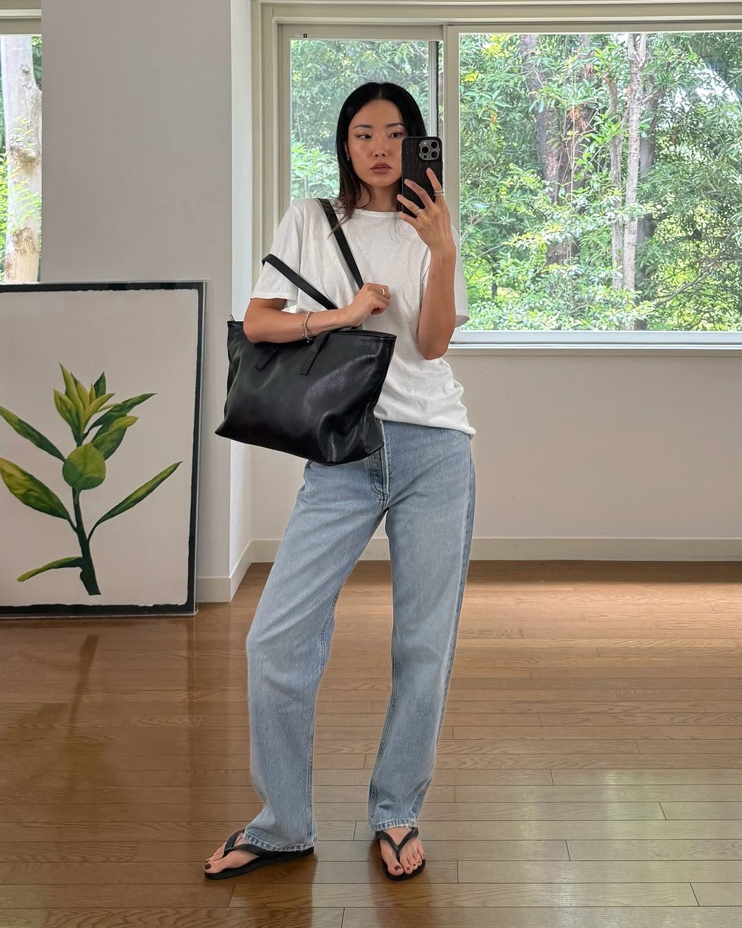 Effortless Cool: White Tee, Light Wash Jeans & Tote
