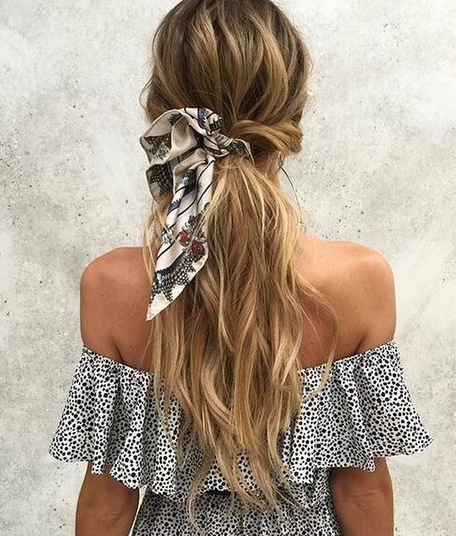 Effortless Messy Ponytail With Printed Scarf Accessory