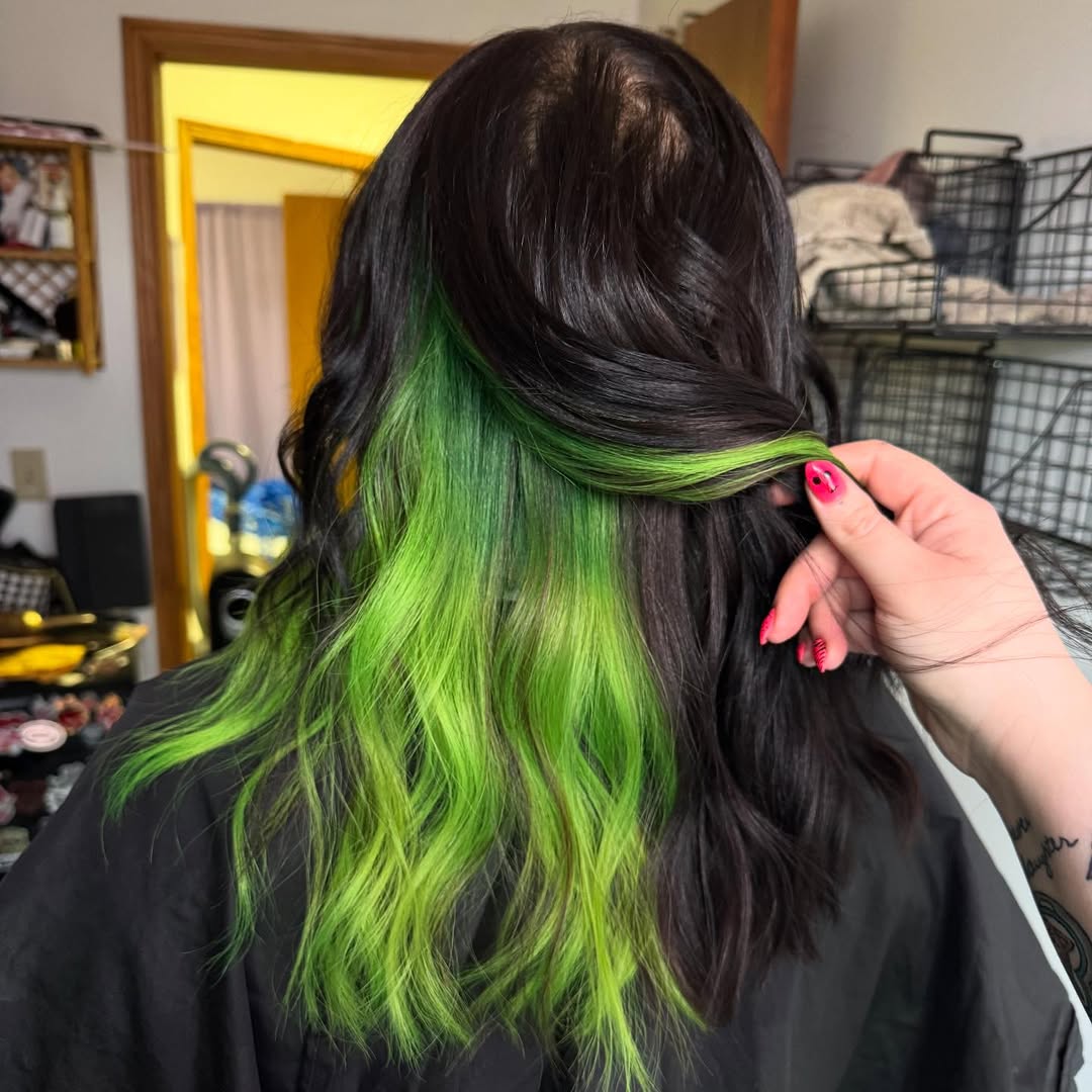 Electric Green Peekaboo Streaks Under Dark Hair