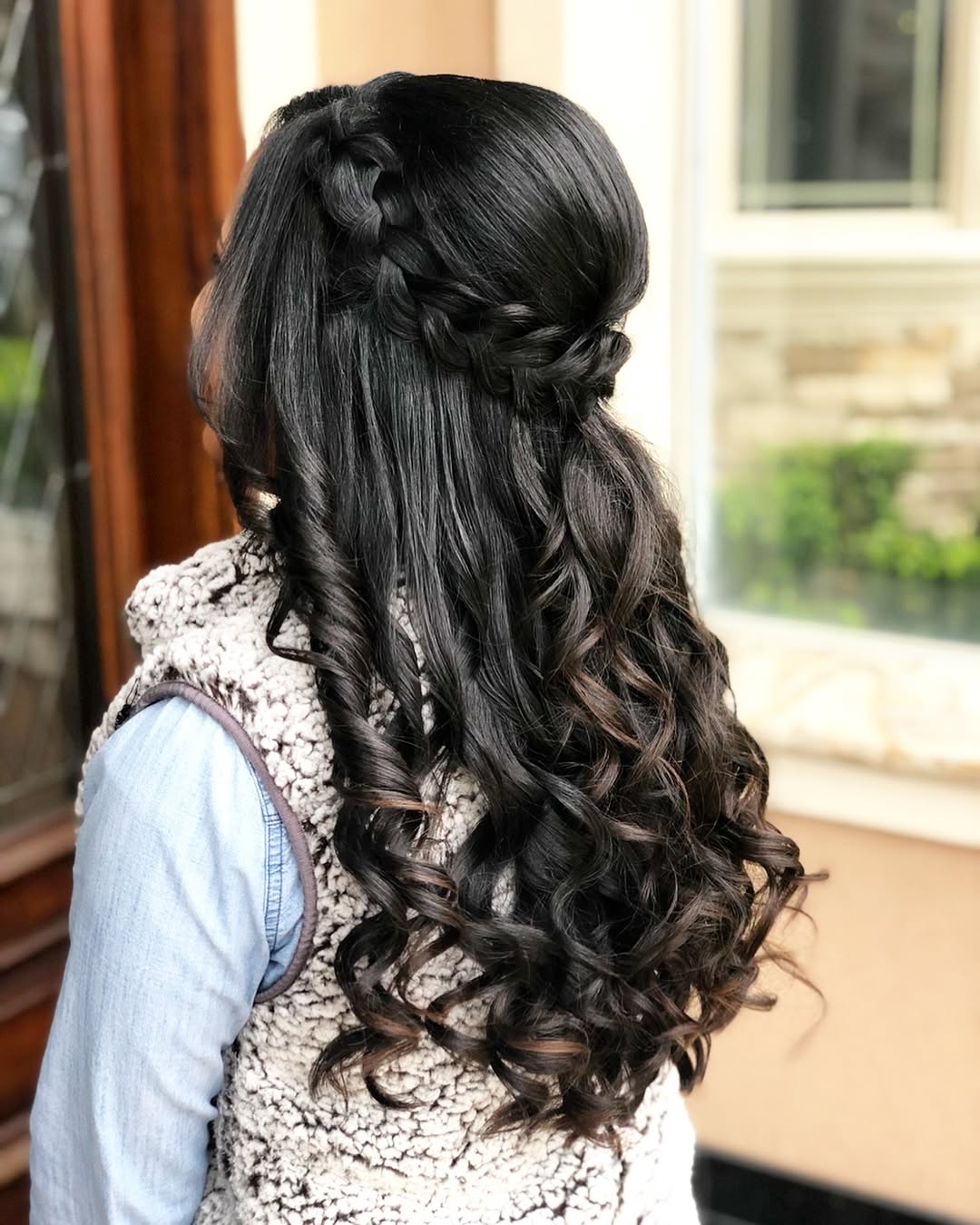 Elegant Braided Half-Up Curls With Dark Auburn Highlights