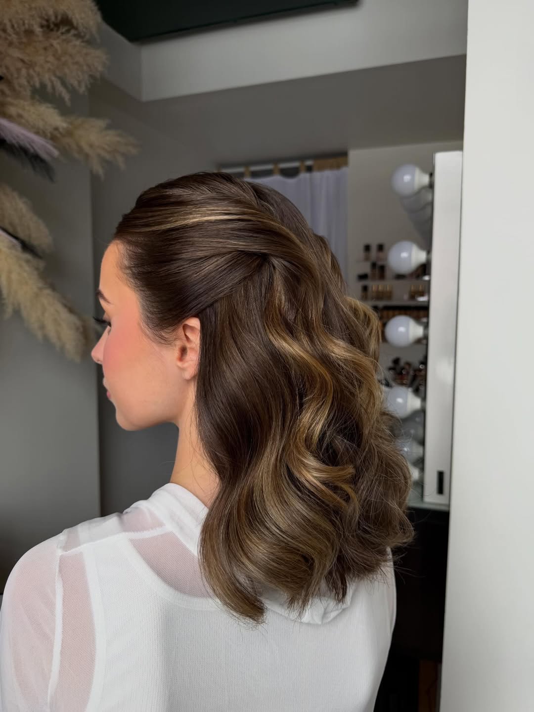 Elegant Half-Up Waves With Caramel Blonde Highlights