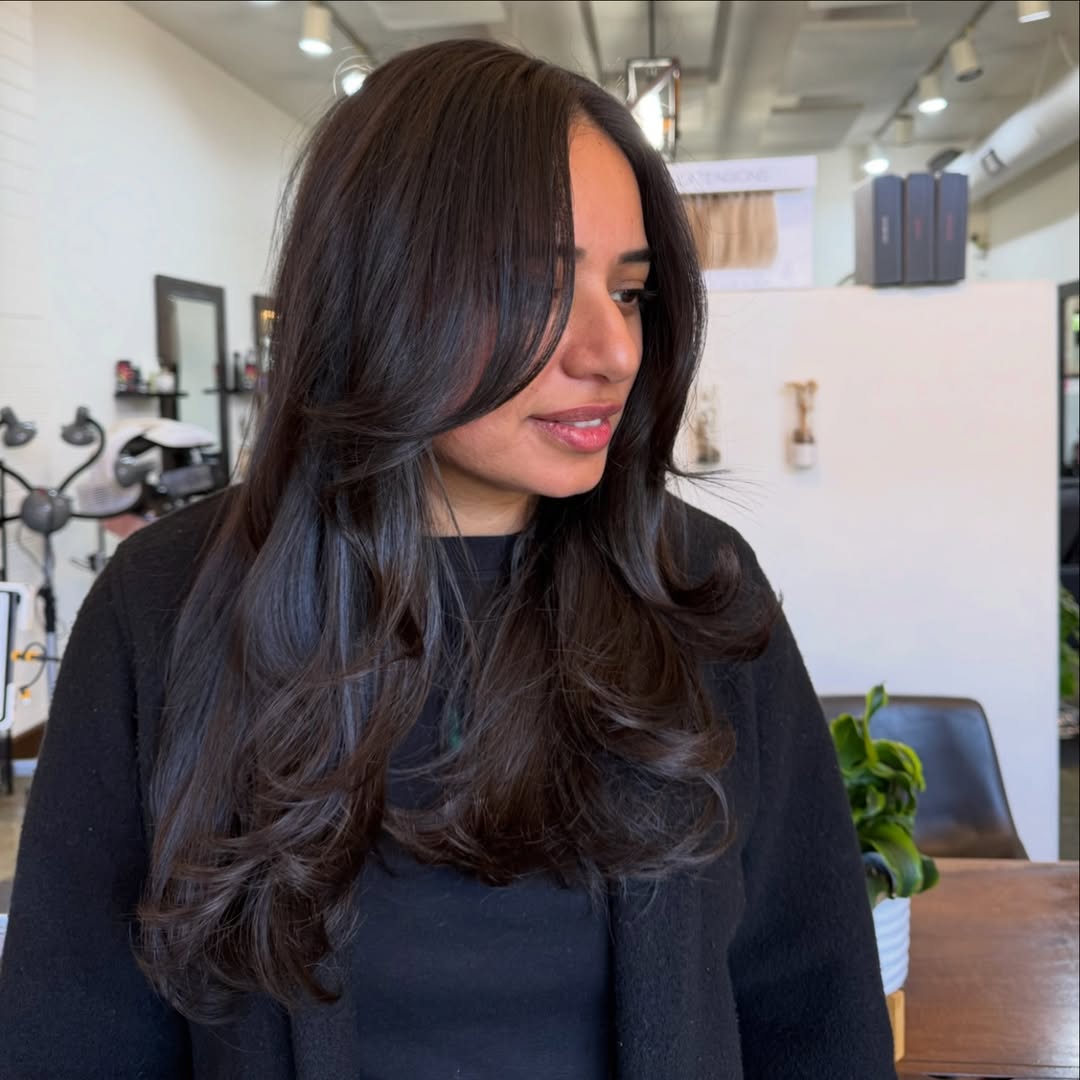 Elegant Layered Dark Brown Hair With Face Framing