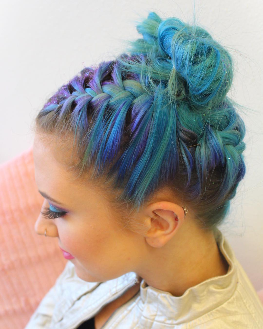 Festival French Braids Top Bun Glitter Hair