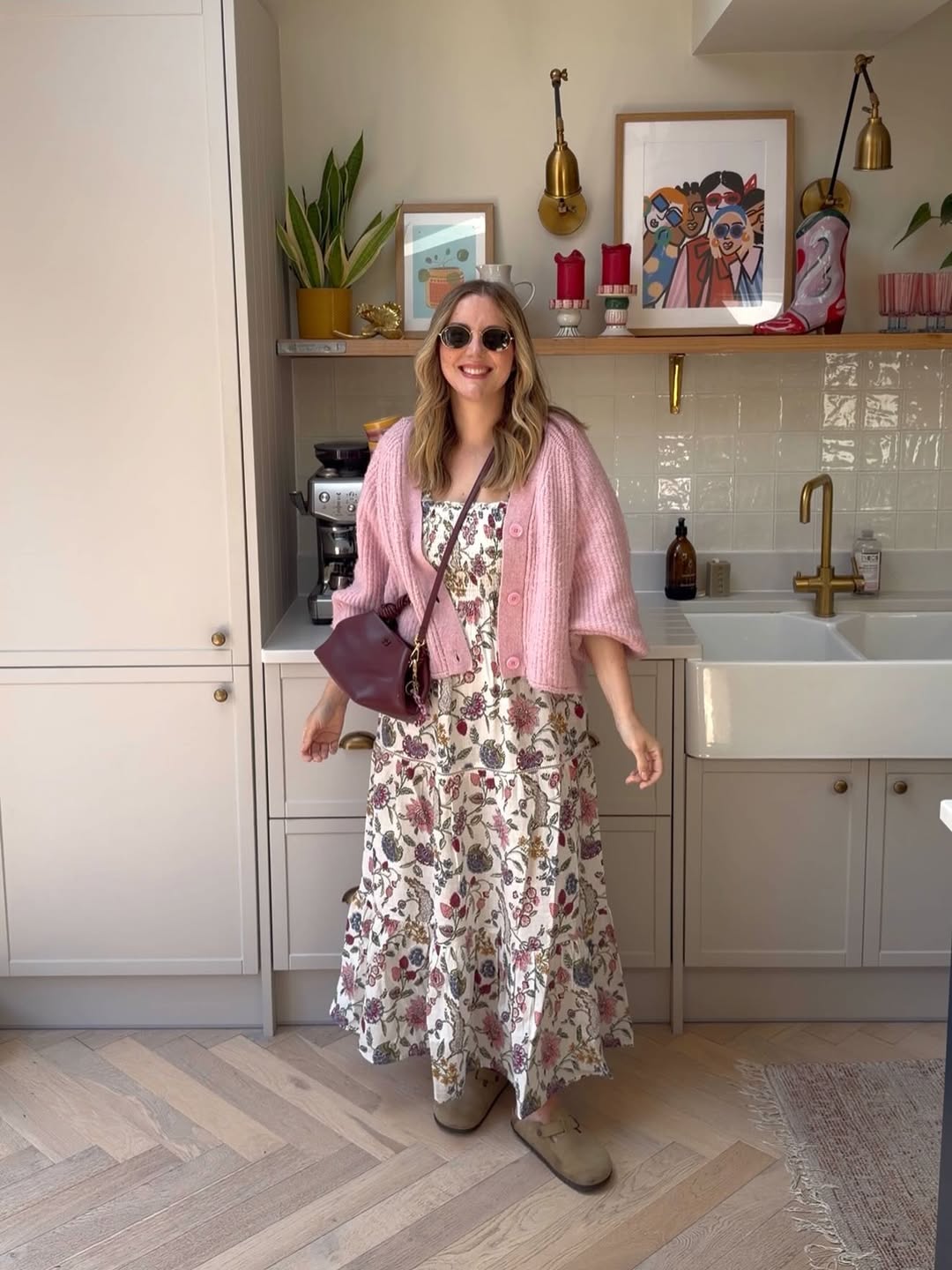 Floral Midi Dress With Cozy Cardigan And Clogs