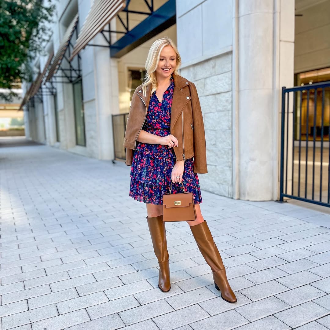 Floral Mini Dress With Leather Jacket And Boots
