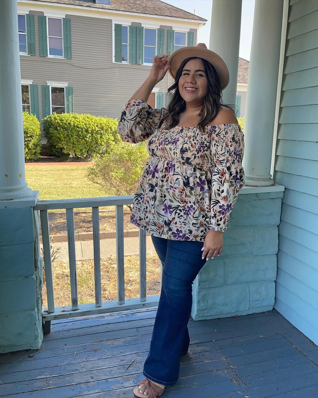 Floral Off-Shoulder Top With Flare Jeans