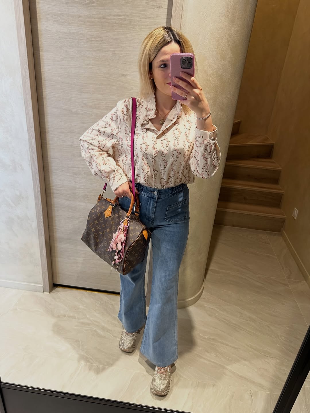 Floral Pajama Shirt With Flared Jeans Outfit