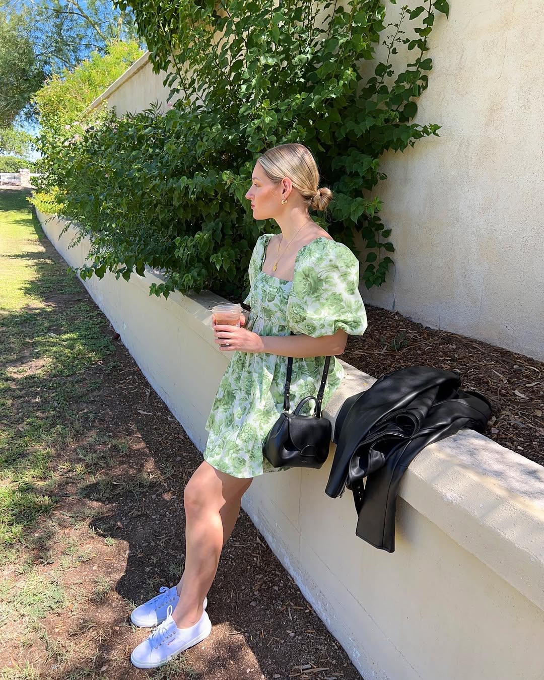 Floral Puff Sleeve Dress With Leather Jacket