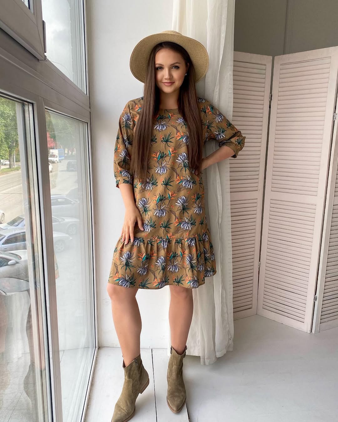 Floral Ruffle Hem Dress With Suede Booties